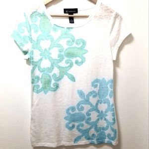 INC White and Turquoise Burn Out Top